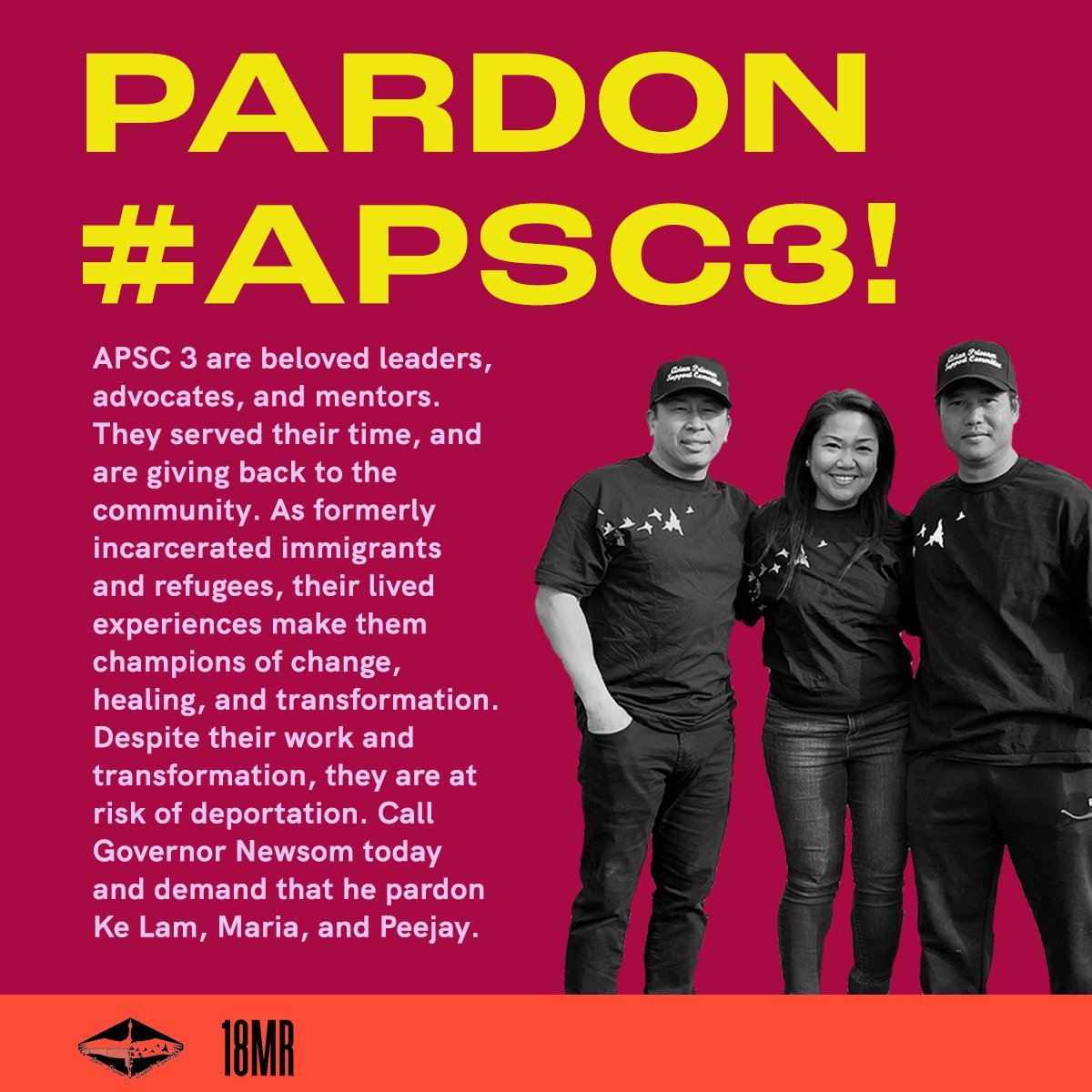 The APSC 3 survived war, poverty, and incarceration and now advocate for other system-impacted immigrants and refugees. Ke, Maria, and Peejay belong here with the communities they’ve worked so hard to support. <a href="/GavinNewsom/">Gavin Newsom</a>, #PardonAPSC3!