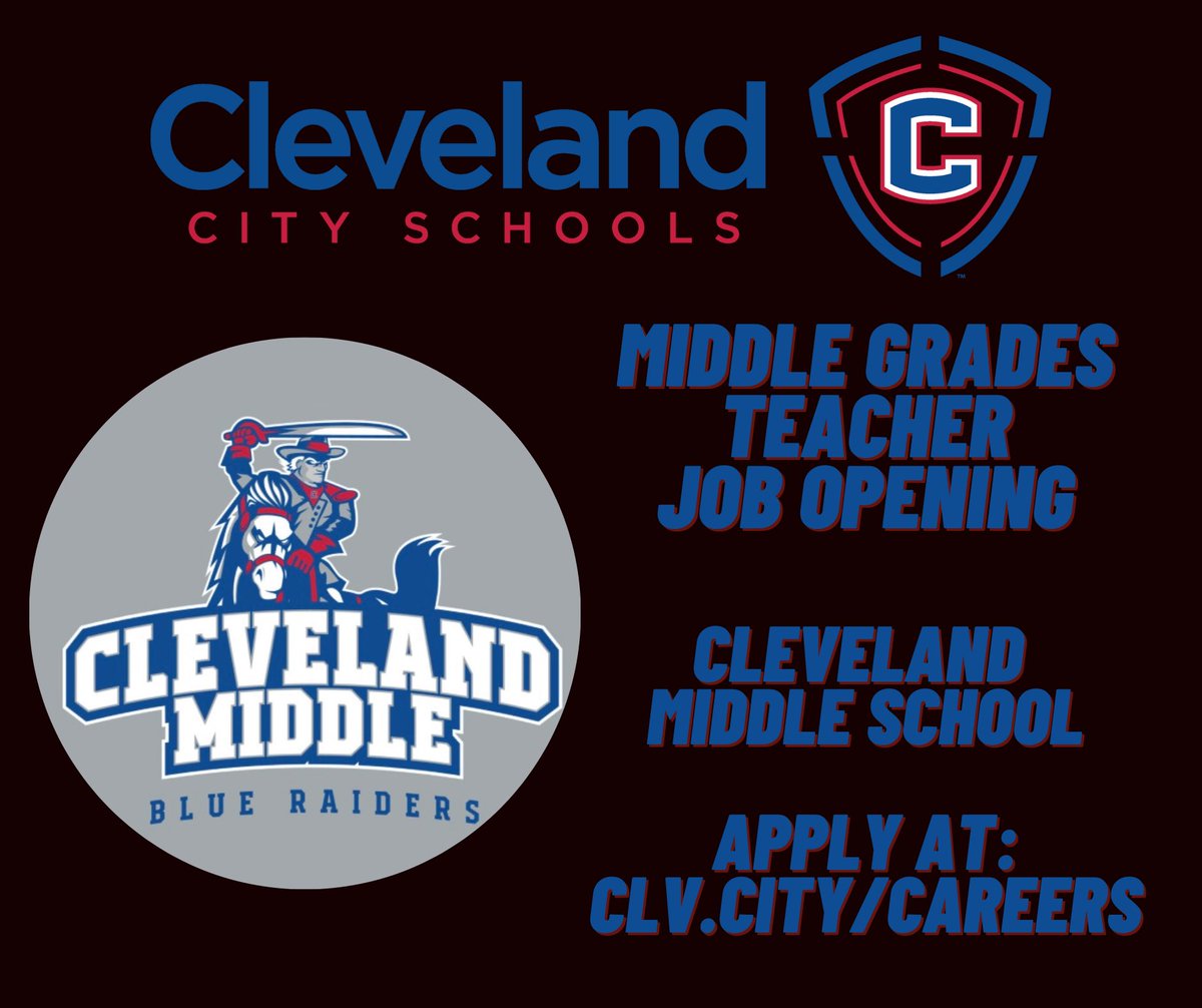 Cleveland Middle Schools is seeking Middle Grades teacher applicants. You can apply online at clv.city/careers.