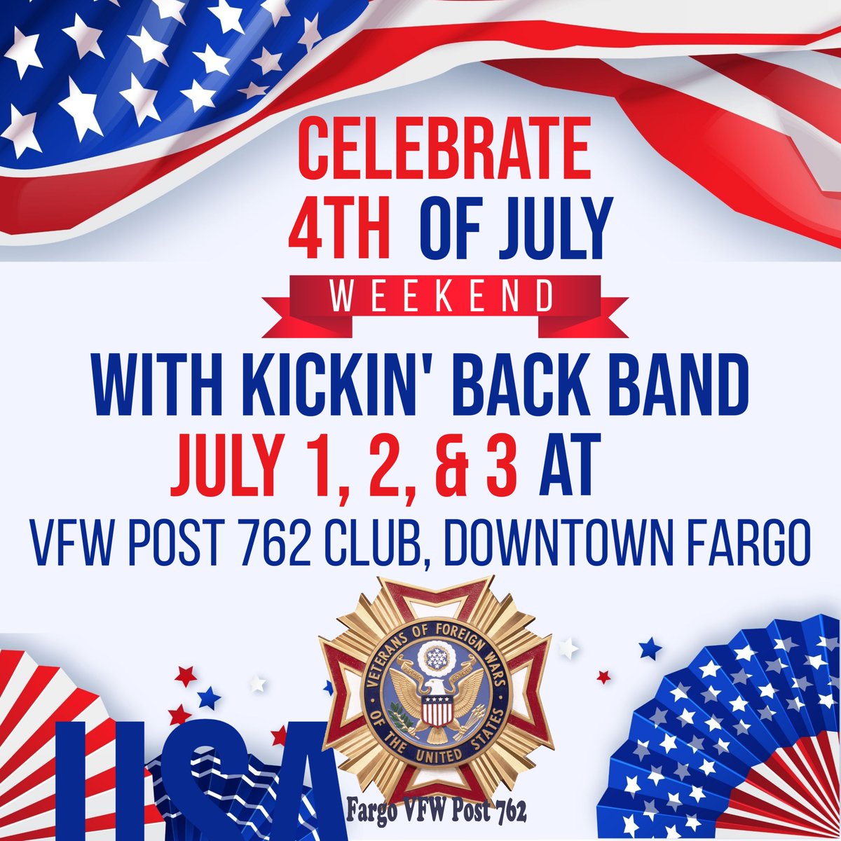 762VFW's tweet photo. Get ready to celebrate the 4th of July this weekend at the club! Kickin Back Band Fargo will be performing from 9pm until 1am Friday, Saturday, &amp; Sunday! No cover for this 21+ show!

#4thofJuly #downtownfargo #vfw762 #celebrate #livemusic https://t.co/GG7u5f2Fe3