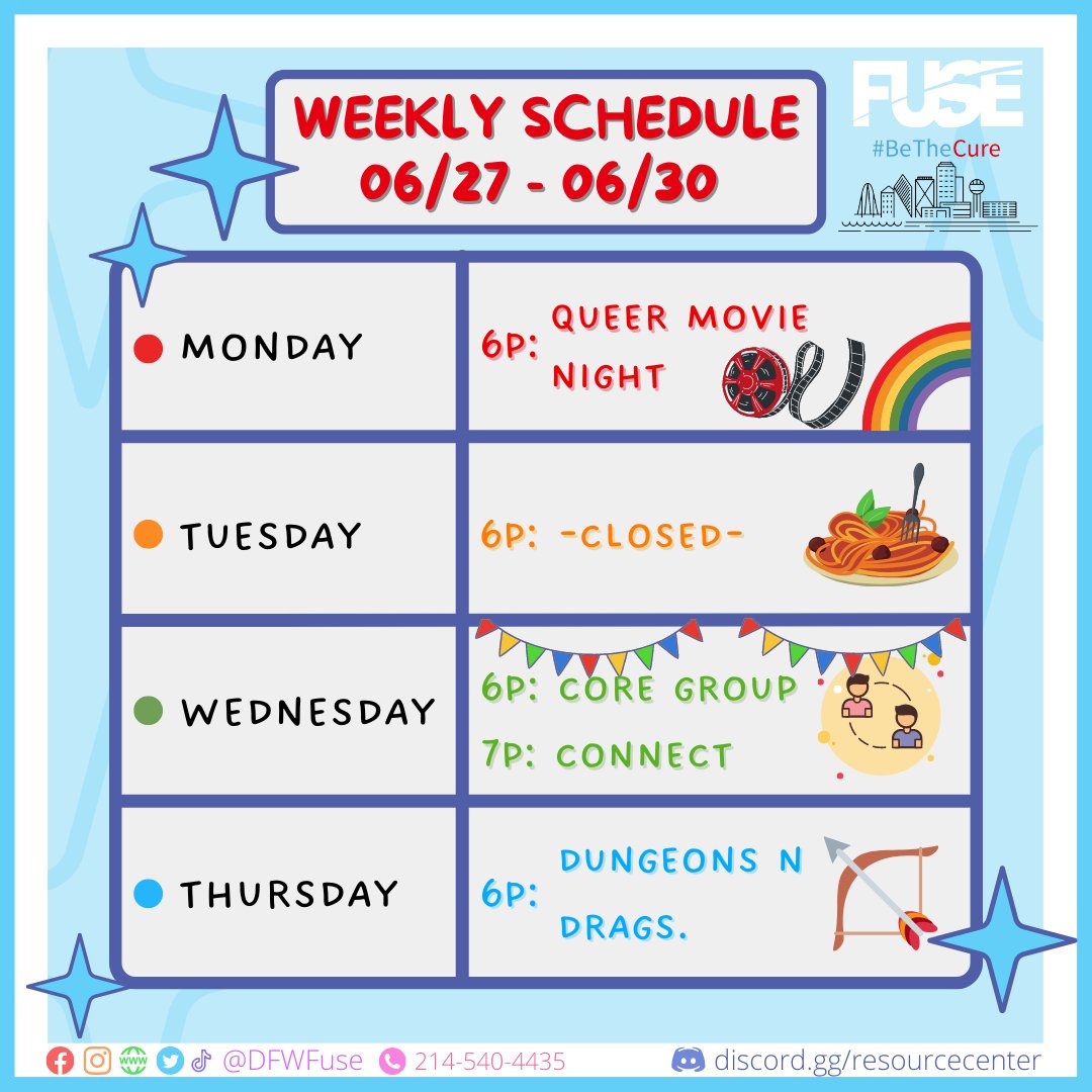 Here is our calendar for the week! 

Fuse is a Social Group for 18-35-year-old guys who like other guys!

#DFWFuse #DFWFuse #gay #gaydallas #dallaslgbt #dallaslgbtq