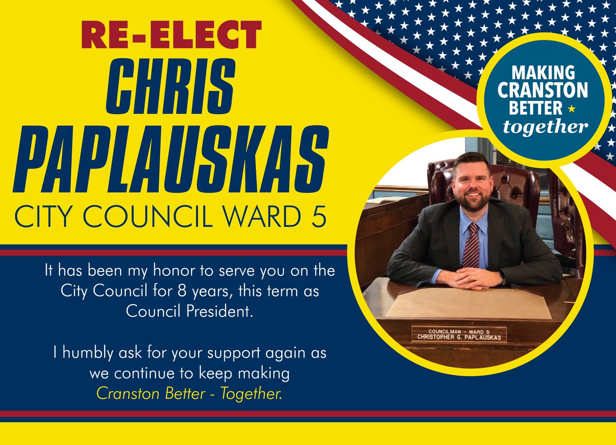 ChrisPaplauskas's tweet photo. Today I officially declared my candidacy for a 5th term on the City Council. I love our City, and am asking once again for your trust in me. From the bottom of my heart I thank you for your friendship and support. Let’s keep #MakingCranstonBetterTogether! https://t.co/uvOWyLMU55