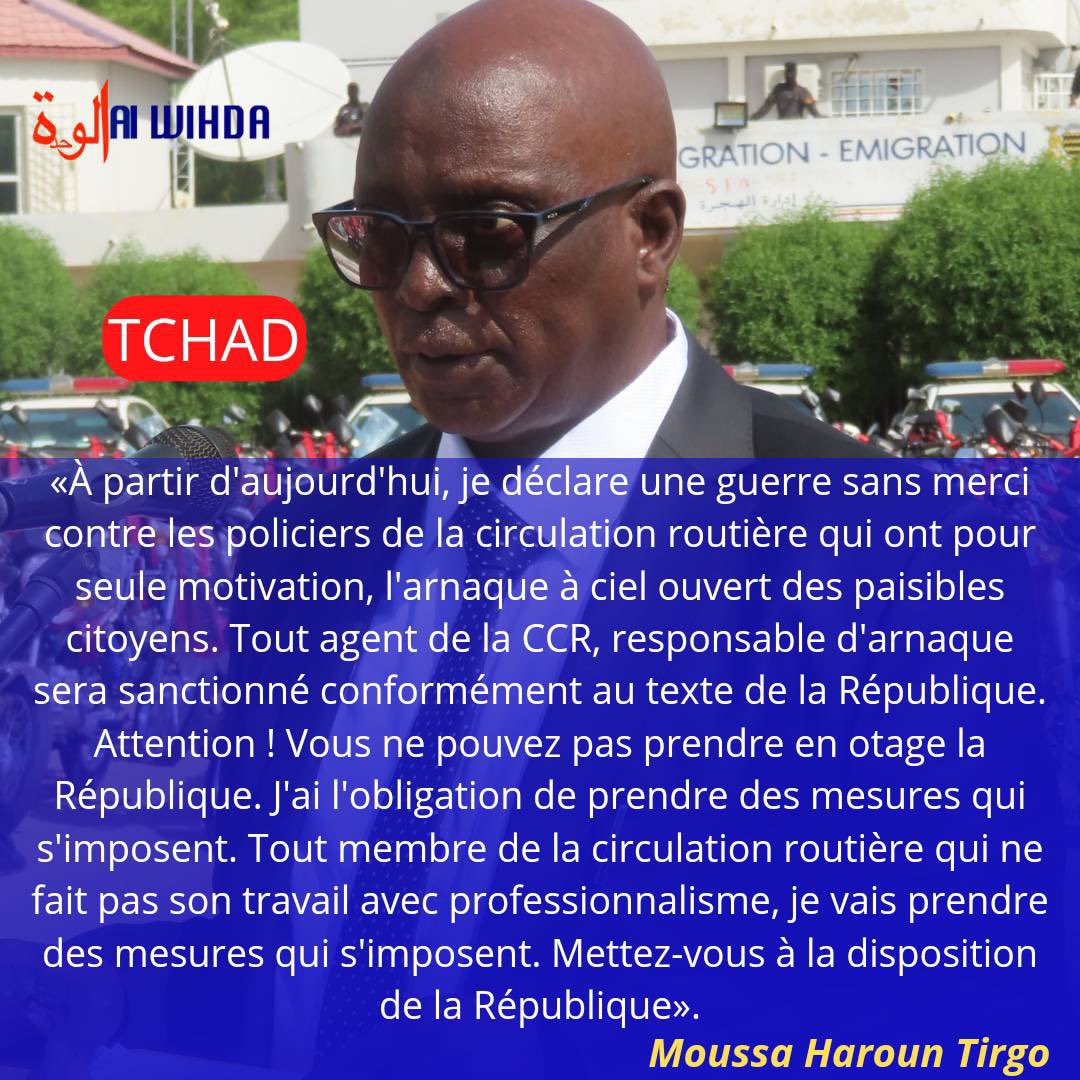 alwihdainfo's tweet photo. 🇹🇩 Le DG de la police, général Moussa Haroun Tirgo déclare une guerre sans merci contre les policiers de la circulation routière qui ont pour seule motivation, l'arnaque à ciel ouvert des citoyens. « Attention ! vous ne pouvez pas prendre en otage la République ». #Tchad https://t.co/fySF6p9zdi