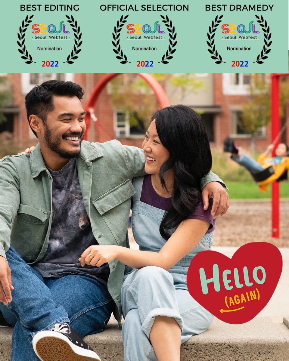 Guess what? We're nominated not one but two times at @SeoulWebFest 2022! For Best Editing &amp; Best Dramedy!. Congratulations to the whole HELLO (AGAIN) team and all of the other nominees!
#SeoulWebfest #BestEditing #BestDramedy #WatchHelloAgain 
<a href="/mon_lynn/">Monica Remba</a> <a href="/BellFund/">Bell Fund</a> <a href="/OntarioCreates/">Ontario Creates</a>