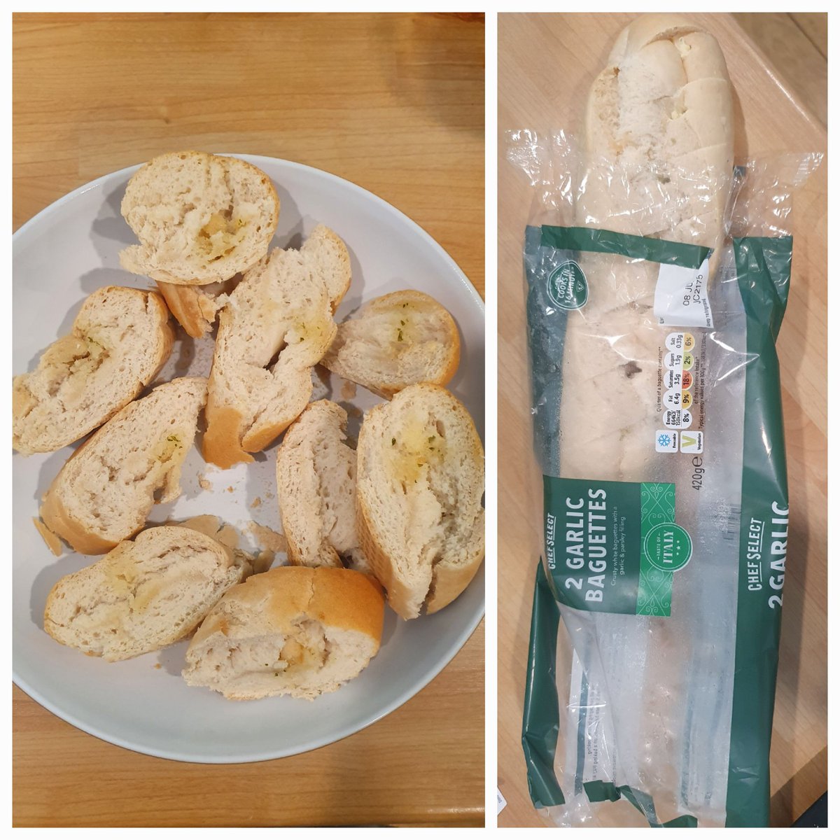 MattMuirTog's tweet photo. @LidlGB a bit Dissapointed at teatime today. Call me picky but I kind of expected some garlic in my garlic bread. Garlic butter machine on the blink me thinks? https://t.co/6v2Tu7n0e8
