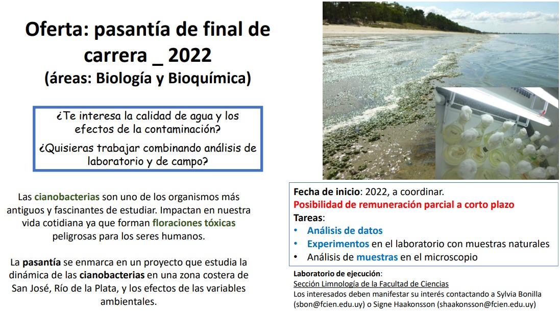 Signe09796500's tweet photo. Oferta de Pasantía de final de carrera!
¿Te interesa la calidad de agua y los efectos de la contaminación? 
Vení a sumarte a nuestro laboratorio en la sección de limnología, Facultad de Ciencias. 
@eduperfcien
@FcienUdelar @UTECuy @CUREoficial @Udelaruy @IIBCE @investigauy https://t.co/MZJrgQEbfx