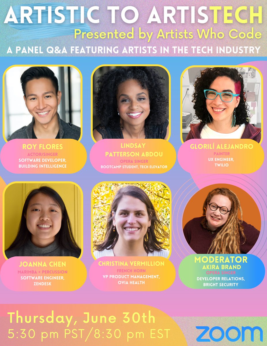 artistswhocode's tweet photo. Join us ⭐ this Thursday ⭐ for our virtual panel event!

Hosted by DevRel/Opera Singer pro 
@theakirati, we will hear about our panelists' challenges, choices, and strategies throughout their career journeys! 

Register: https://t.co/RVgiVFztV8

*reposted with a correction* https://t.co/wUjGR7OfbK