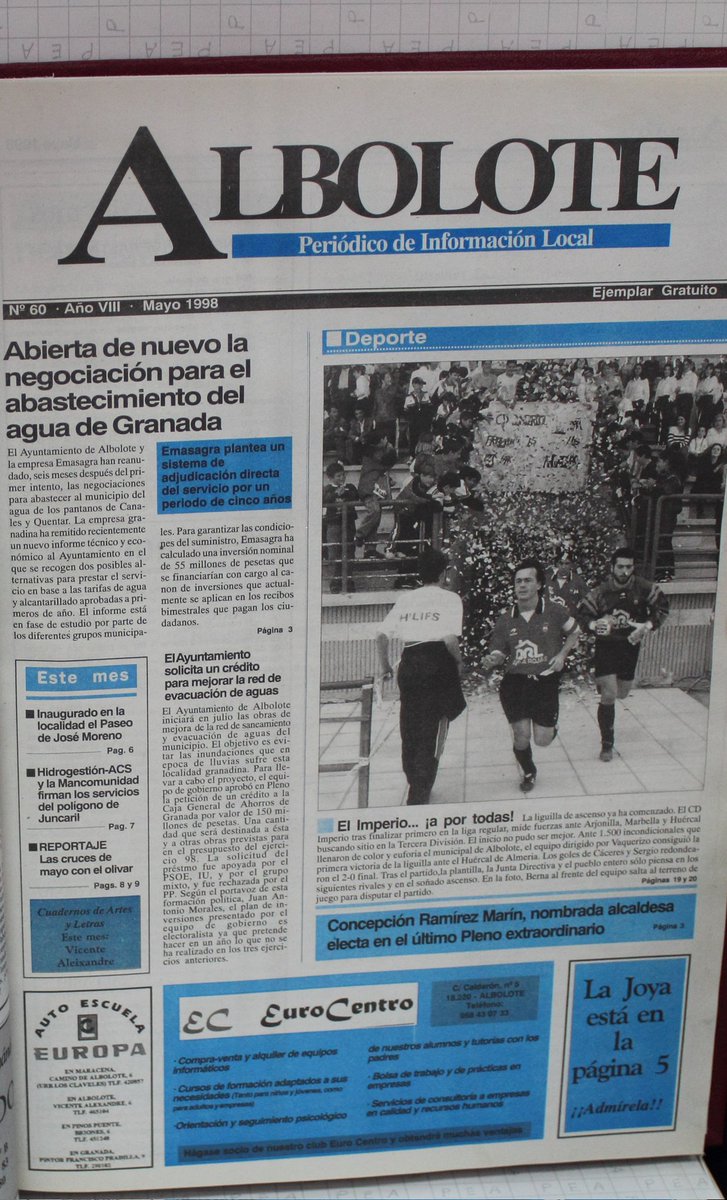 CFImperio's tweet photo. Portada del periódico Local de Albolote de 1.998 donde se habla del inicio de la fase de ascenso a Tercera División del CD Imperio que empezó con victoria por 2-0 ante el Huercal de Almería
#historiarojilla
#cdimperio https://t.co/uAZVzHsZLa