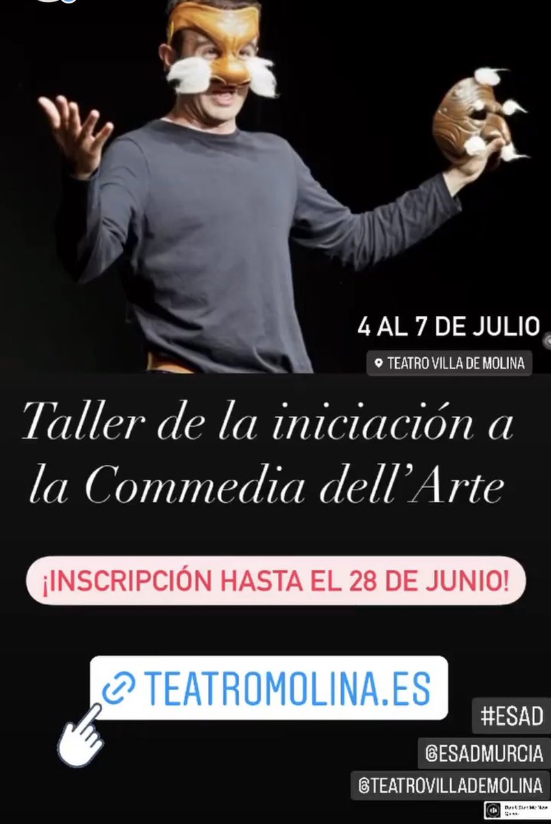 Inscripciones hasta el 28 de junio: teatromolina.es/campusdeverano/ Taller de iniciación a la Commedia dell’Arte (Molina de Segura, Murcia). Del 4 al 7 de julio. 
<a href="/TeatrodeMolina/">Teatro Villa Molina</a> <a href="/EsadMurcia/">Esad Murcia</a> #esad #commediadellarte #comediadelarte