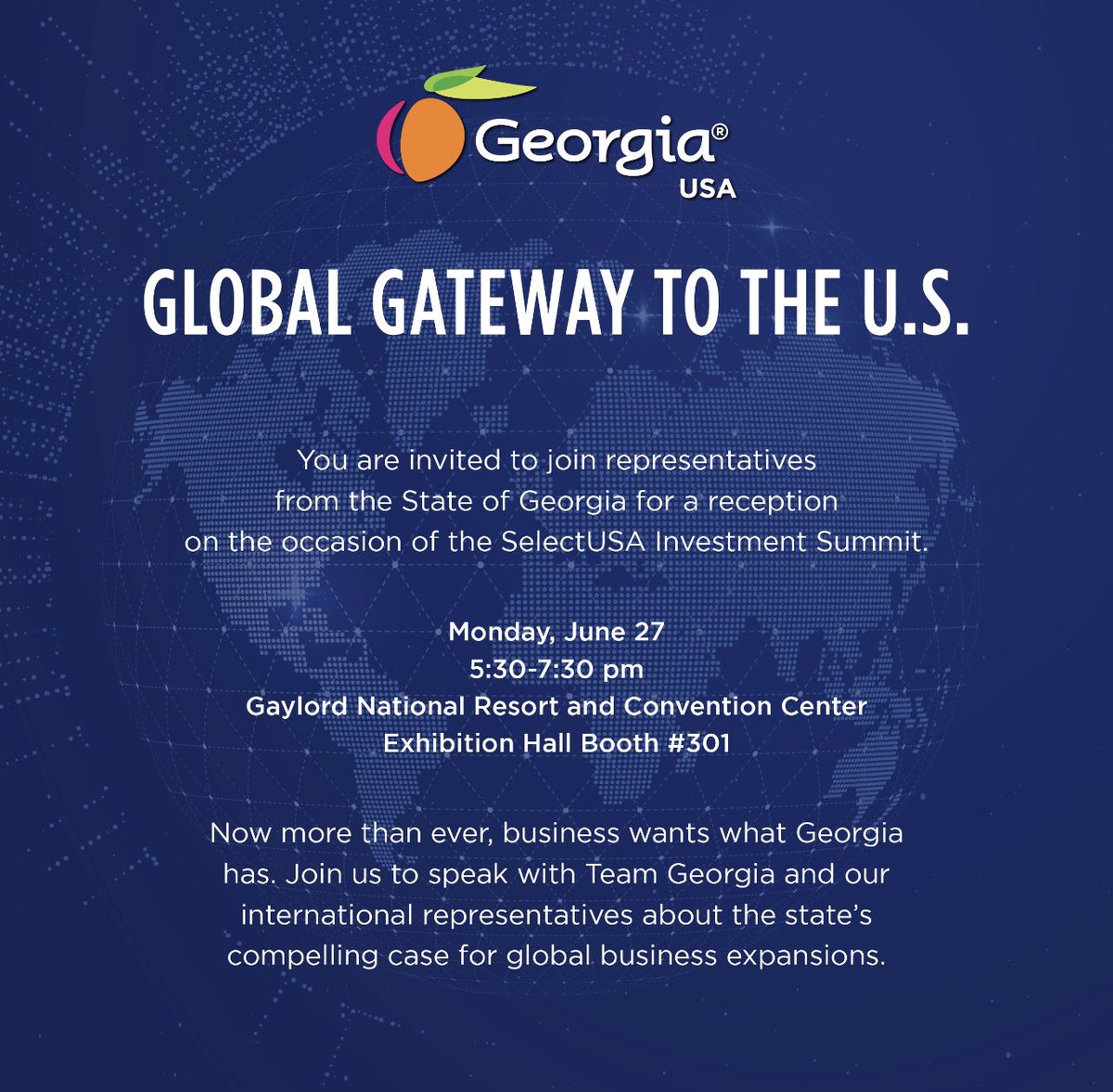 SelectGeorgia's tweet photo. Discover why Georgia, USA is your global gateway to the US at the @gdecd reception this afternoon. #SelectUSA
@SelectUSA #SelectGeorgia ๐๐บ๐ธ https://t.co/xt2C2i5luZ