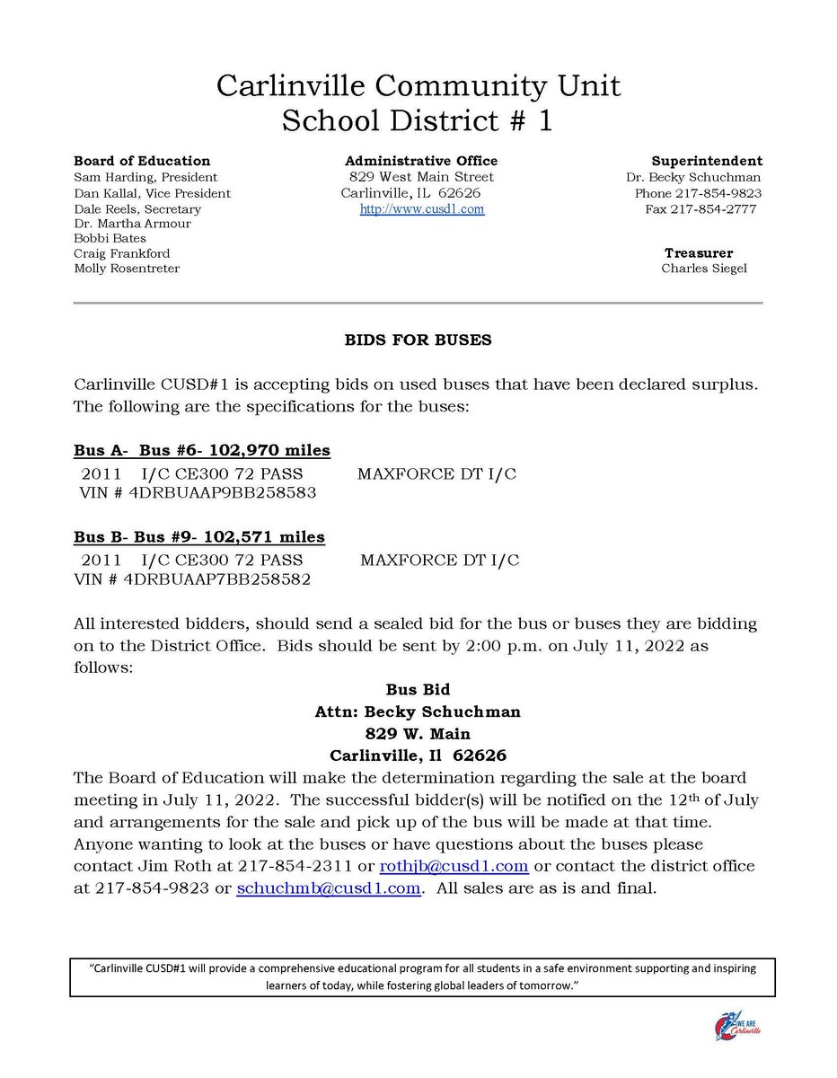 CCusd1's tweet photo. Bids for Sale of Buses - Please read the attached note about bus bids https://t.co/JoD9K2AUsN https://t.co/EeYl7VkmrQ