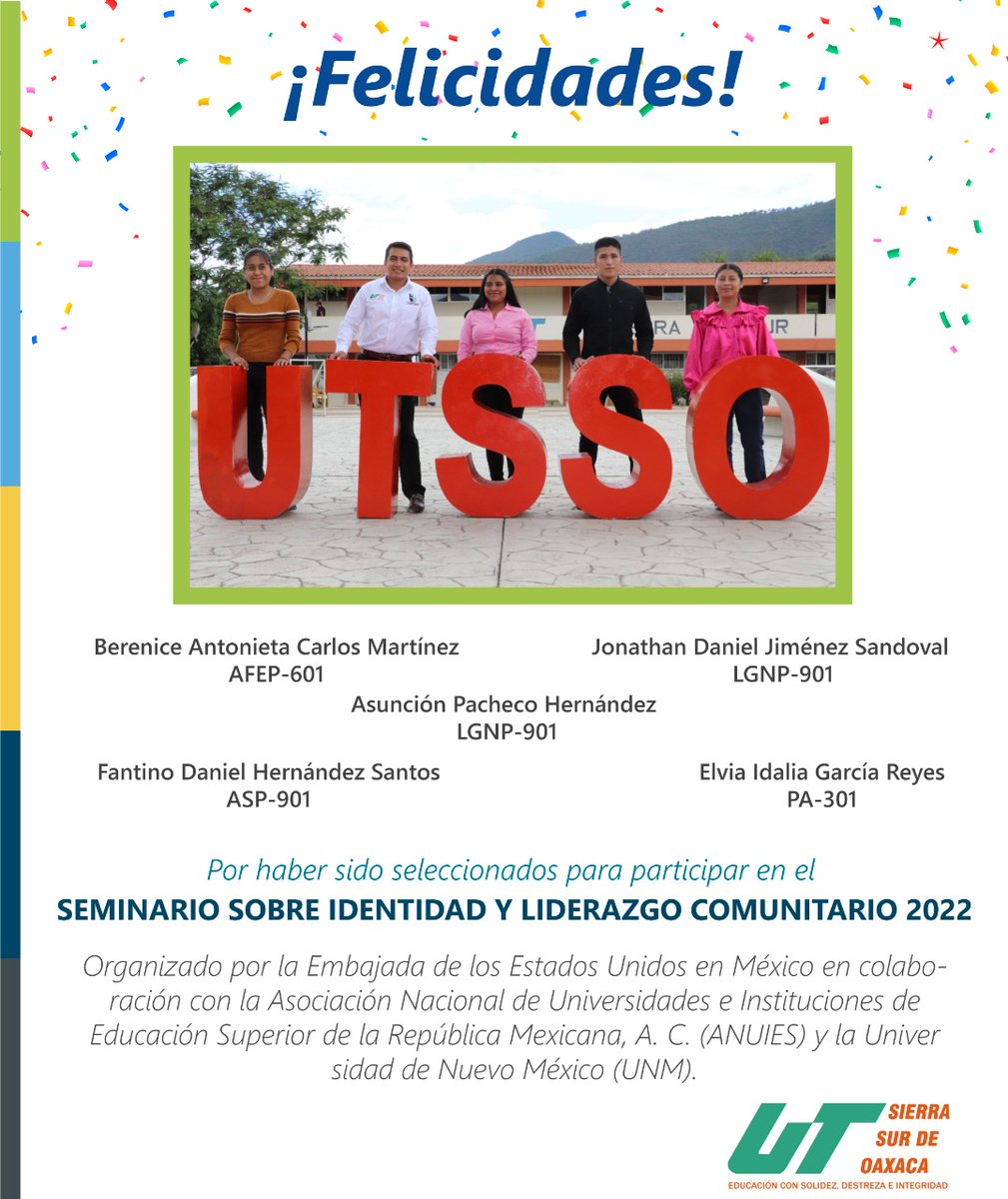 utsierrasuroax's tweet photo. En la comunidad #UTSSO estamos muy orgullosos de Jonathan, Asunción, Berenice, Idalia y Daniel, quienes forman parte de los 15 becarios y becarias a nivel nacional para participar en el “Seminario sobre identidad y Liderazgo Comunitario 2022”, en EUA #PiensaDiferente #PiensaUTSSO https://t.co/O5ITDqKpho