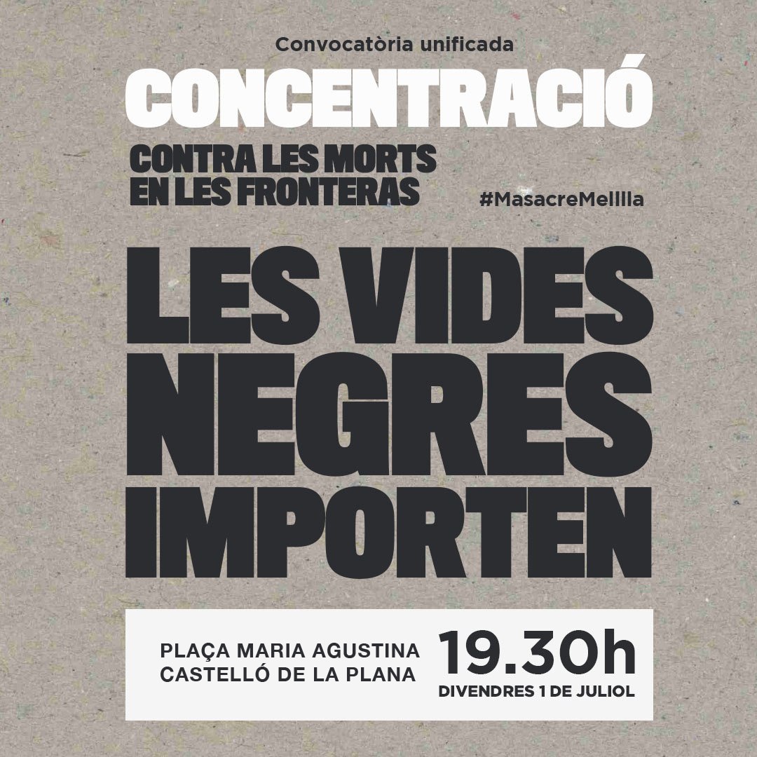 📣 *Los colectivos sociales de Melilla y las comunidades migrantes en Melilla CONVOCAN* una concentración el próximo *Viernes 1 de Julio  a las 19:30* en *homenaje* a los compañeros *muertos el 24-J en la Frontera*. 
#MasacreEnMelilla