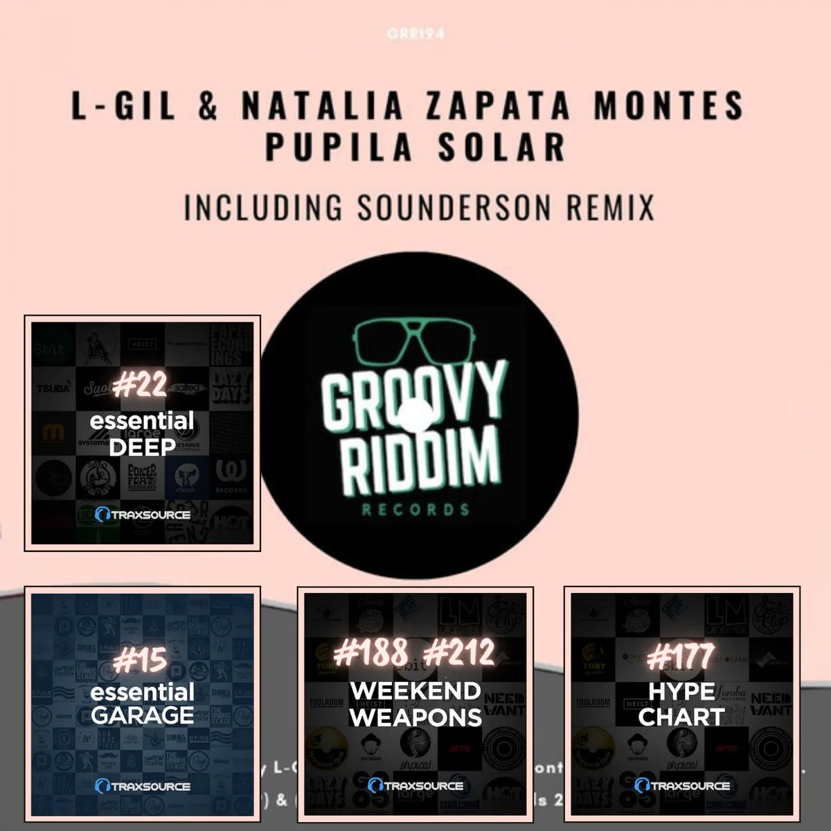 groovy_riddim's tweet photo. 🔥💿'Pupila Solar' by #LGil &amp; #nataliazapatamontes (including #Sounderson Remix) has been supported from @traxsource and both versions are in several Traxsource's charts!

🔝💯The remix has entered in the Top 100 Garage list. [#94]

🛒 https://t.co/ZoUbjTVzSQ https://t.co/KzrxNenGGe