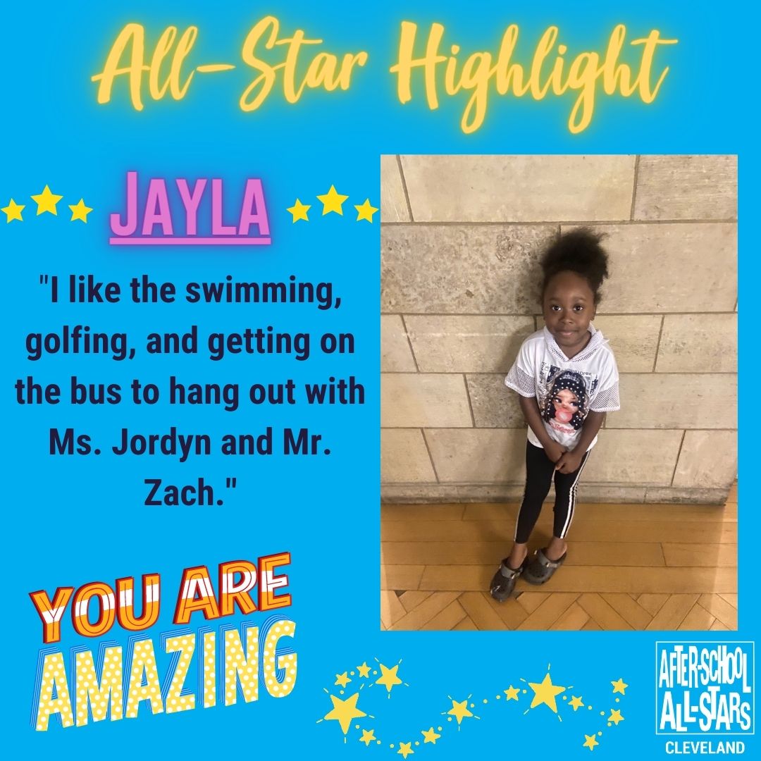 ASASCleveland's tweet image. Today we would like to highlight one of our amazing students, Jayla!  Jayla is an All-Star who works hard and really enjoys the activities that ASAS Cleveland has to offer.  Keep up the great work Jayla! #asascleveland #summerprogramming