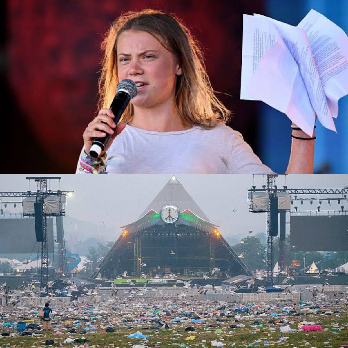 renatajbarreto's tweet photo. Greta fez uma aparição no festival Glastonbury e pediu a salvação do planeta. Foi aplaudida. O pessoal só esqueceu de que salvar o planeta passa pelo básico: não jogar lixo no chão. 🤡

(Foto do palco Pyramid após as apresentações.) https://t.co/DTOgzo7ffw