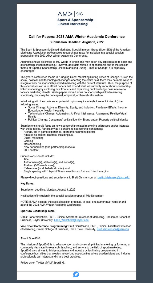 AMASportSIG's tweet photo. Call for Papers for inclusion in a special session proposal for the 2023 AMA Winter Academic Conference in Nashville, TN.
PDF: https://t.co/Yoas96SsV8 https://t.co/pVs3qunlqw