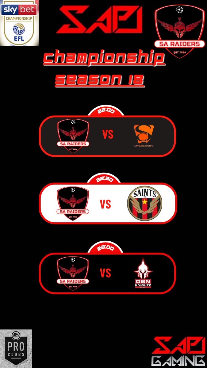 Lets go Gents.... Week 8 in the <a href="/SAProClub/">SA Pro Club League</a> 
Taking on @newSaints and <a href="/SupremeGamingSg/">Supreme Gaming</a>  in the league.... With @dbnKnights in the cup