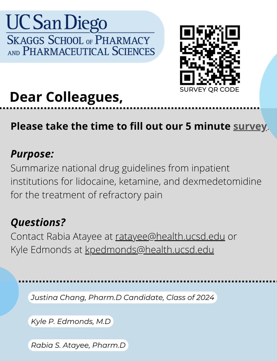 #HAPC #Palliative #PalPharm folks:

Have a guideline for the use of ketamine, lidocaine, or dexmedetomidine for pain? 

Please share it with us so we can help create a repository and define best practices!

my.ctri.ucsd.edu/surveys/?s=RJY…

#HAPCresearch #palliativecare