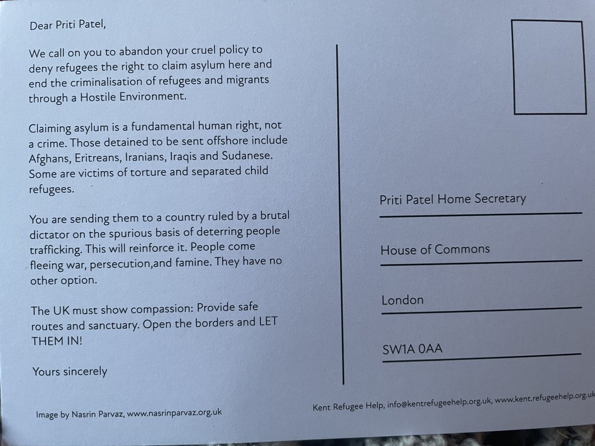 Amal meets our Nobel prize winner Abdulrazak Gurnah, and took this postcard that she will post to Priti Patel to abandon cruel policy @ssahe_uk @followMFJ @_KRAN_