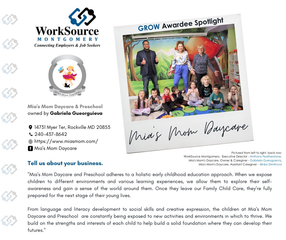 worksourcemd's tweet photo. WSM has (and will be) been awarding financial assistance under our #GROWProgram to small businesses in #MoCoMD that were greatly affected by the #COVID19 pandemic. Gabriela Gueorguieva of Mia's Mom Daycare, has allowed us to share her compelling story! https://t.co/eUKHNNHirM