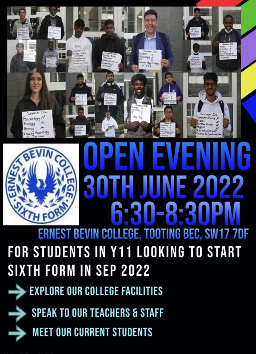 FEBSSW17's tweet photo. π¨ This Thursday evening is our @ErnestBevinColl #6thForm #OpenEvent before the summer!π
.
.
.
π Main hall
β³ 6:30-9pm
π Check out our website
π https://t.co/0pn6Vcsz7q
.
.
.
#BevinValues | #HigherEducation | #FutureOpportunities | #ALevels | #Wandsworth | #LondonSixthForm https://t.co/p1VoiSeiSC