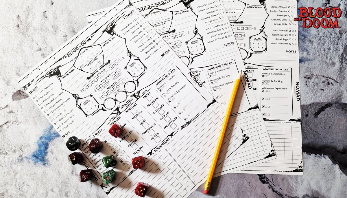dicetalegames's tweet photo. Blood and Doom Player Characters have Skills, Traits, and #Powers or #Magic… and 15 core Abilities which constitute your Body, Mind and Soul. Oh, and did we talk about Blood Points and Doom Points yet?

#dicetalegames #bloodanddoom #playercharacters #charactersheet https://t.co/GXJcTG42D3