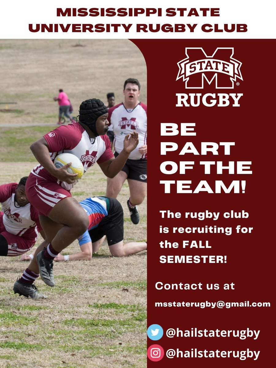 HailStateRugby's tweet photo. Wear the Maroon &amp; White @msstate Play the greatest TEAM sport on campus. Contact Coach @jasonposey08 for information. #HailState #Rugby #scrc https://t.co/3IfU60OTSx