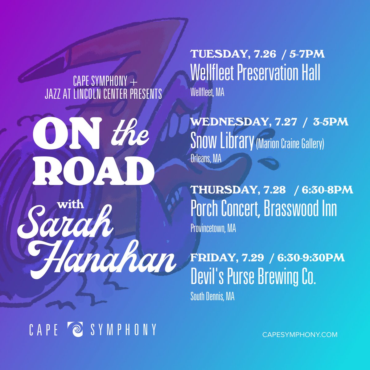 <a href="/jazzdotorg/">Jazz at Lincoln Center</a> &amp; Cape Symphony Presents: On The Road with #SarahHanahan! Check out these four fresh Cape locations <a href="/PrezHall335/">Wellfleet Preservation Hall</a> #SnowLibrary <a href="/BrasswoodPtown/">Brasswood Inn</a> <a href="/DevilsPurseBeer/">Devil'sPurseBrewery</a> Fill your July with Jazz! Visit our facebook Events page to learn more about each concert #jazzmusic