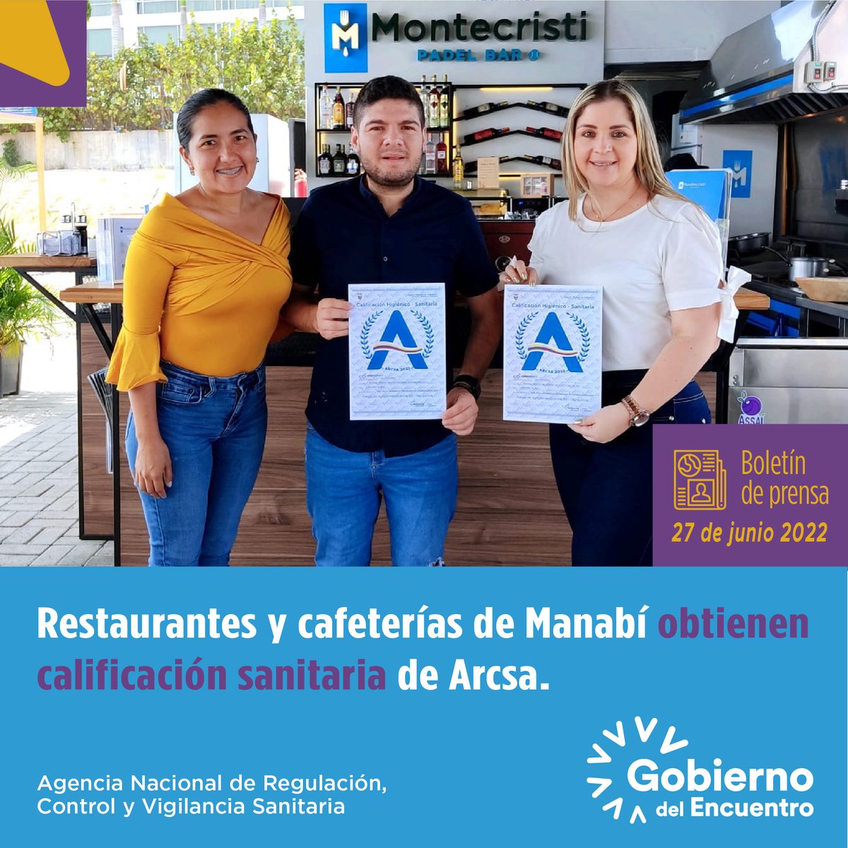 Arcsa_Ec's tweet photo. #BoletínArcsa | 10 restaurantes y cafeterías de Manabí reciben Tarjeta de Calificación Sanitaria por parte de #Arcsa, en junio de 2022.

Más información en el siguiente enlace: ⬇️
https://t.co/6iRaUelO5J https://t.co/XHiBUigupN