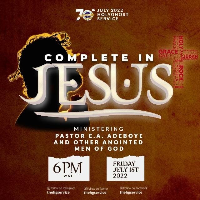 rccg_church's tweet photo. It's the JULY edition of our monthly Holy Ghost Service, coming up on Friday 1st of July 2022

Theme: COMPLETE IN JESUS

#Rccg #firstfriday #Julyholyghostservice 
#HGS #July
#CompleteInJesus #Lp83 #Livingwaterassembly #sabinus
#Rccglp83 https://t.co/LFi2MRgMnC