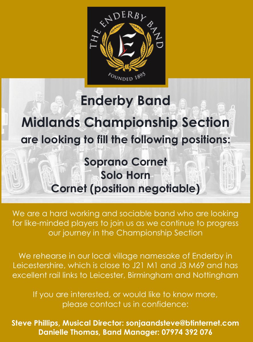 Enderby_Band's tweet photo. Enderby Band are looking for a trio of new players .....

@Enderby_Band 
#cornet
#sopranocornet
#solohorn https://t.co/IZMbfL23To