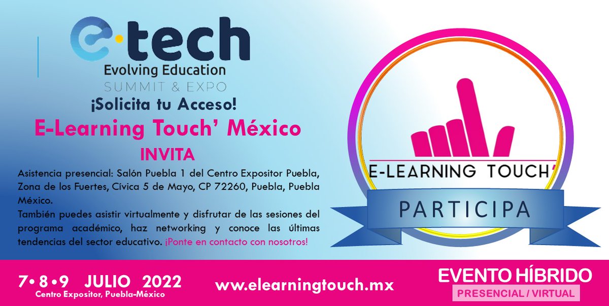 ELT_mexico's tweet photo. Participa en @etechevent 7, 8 y 9 de julio en #Puebla.
@ELT_mexico invita a descubrir #herramientas para #Capacitación, #conferencias sobre #educacion y #CharlasInteligentes.
Más informes: contacto@elearningtouch.com
#distancelearning #LMS #moodle #etech #Escuela #RRHH #elearning https://t.co/Pfd8tlwJS8