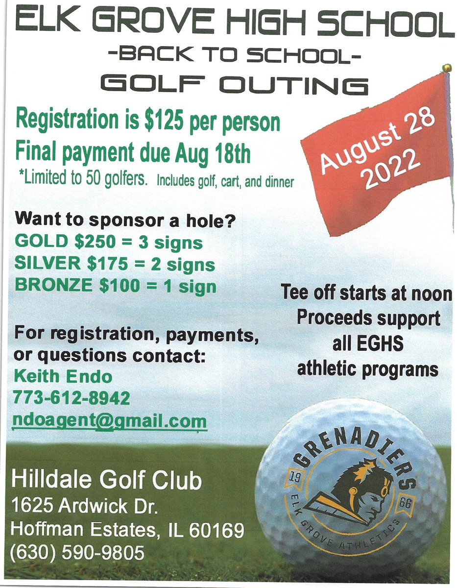 GRENS_Boosters's tweet photo. The first event for the 2022-23 year ⛳️⛳️! A great way to show your support to @GrenAthletics @ElkGrove_HS! Reserve your spot today! @EGGolf_Girls @District214 @EGGolf_Boys #WeAreEG #golf https://t.co/AdMH80zM1d