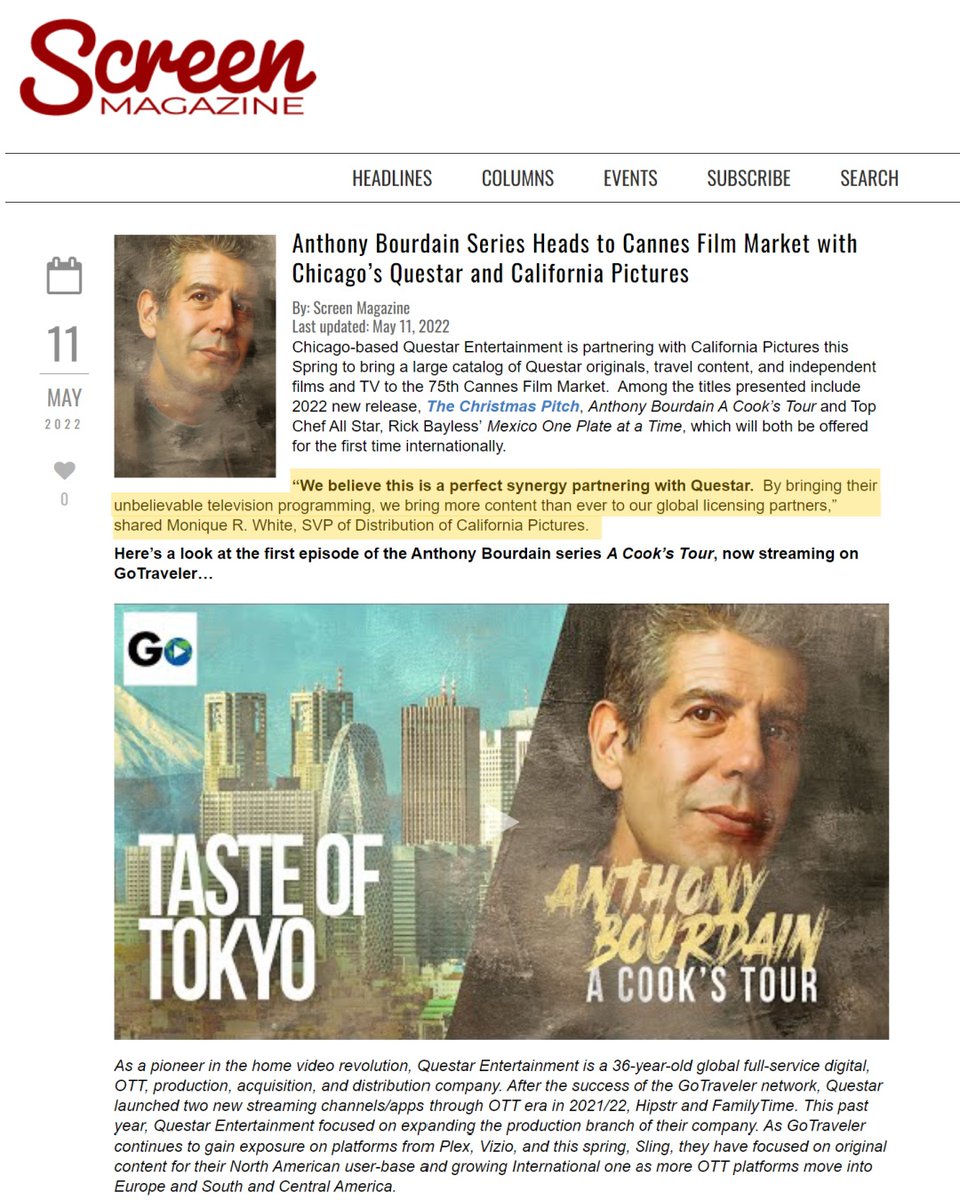 CaliforniaPics's tweet photo. Screen Magazine wrote an article about our partnership with Questar Entertainment back on May 11th.
The link to the article: https://t.co/Vu28iJSfkZ
.
#CaliforniaPictures #Questar #TheChristmasPitch #AnthonyBourdain #ACooksTour #PartsUnknown https://t.co/qIGGFEet8g