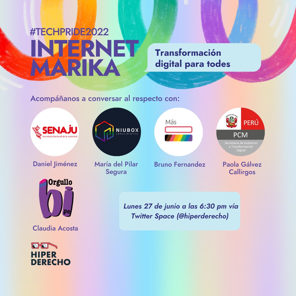 hiperderecho's tweet image. #InternetMarika | A partir de la iniciativa de transformación digital de @PeruPaisDigital, invitamos a @masigualdadpe, @senaju, @Orgullobipe y @niuboxlegal a conversar sobre las necesidades de las personas LGTBIQ+ para que esta transformación les incluya.

ow.ly/Rcaw50JJ17x