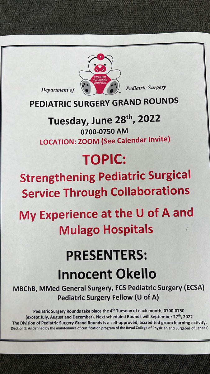 Office of Global Surgery, University of Alberta (@uaogs) on Twitter photo Join us on June 28 at 7am MST for Pediatric General Surgery Fellow, Dr. Okello, presenting "Strengthening Pediatric Surgical Service Through Collaborations, My Experience at the UofA and Mulago Hospitals"
Zoom: tinyurl.com/55ff3pbr
<a href="/UAlberta_FoMD/">UAlberta Med & Dent</a> <a href="/StolleryKids/">Stollery Kids</a> #GlobalSurgery Join us on June 28 at 7am MST for Pediatric General Surgery Fellow, Dr. Okello, presenting "Strengthening Pediatric Surgical Service Through Collaborations, My Experience at the UofA and Mulago Hospitals"
Zoom: tinyurl.com/55ff3pbr
<a href="/UAlberta_FoMD/">UAlberta Med & Dent</a> <a href="/StolleryKids/">Stollery Kids</a> #GlobalSurgery