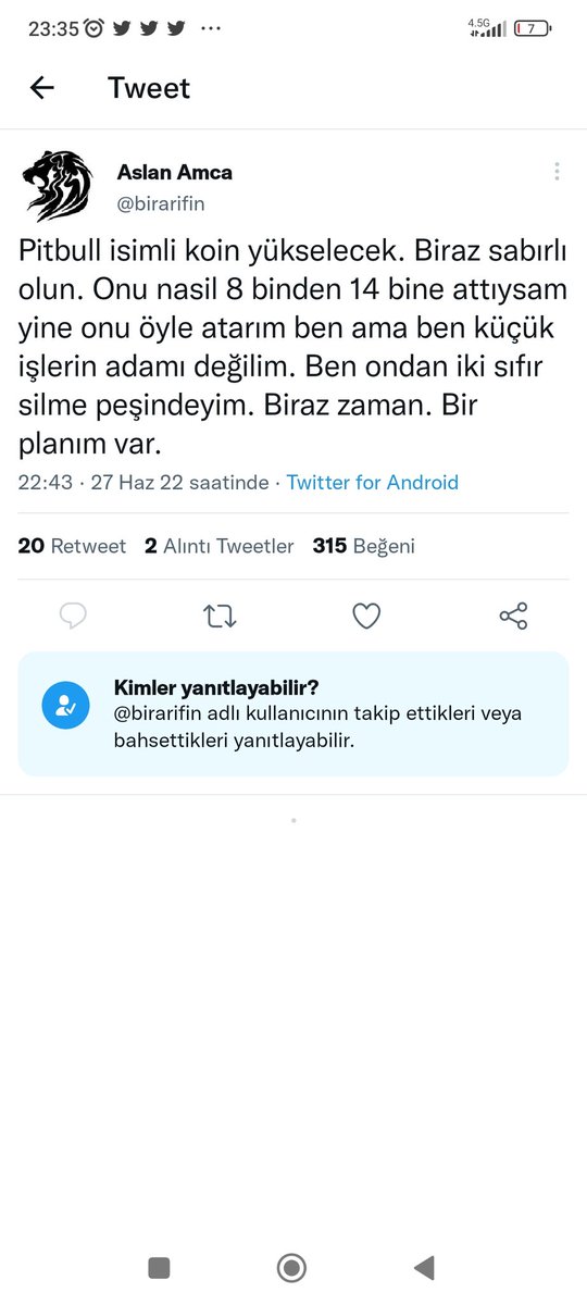 Bu aslan amca denilen şahıs ben büyük işlerin adamıyım demiş ben hiç görmedim ona güvenen takip eden onun yolundan giden kişilerin cebindeki 10 dolara bile göz diken büyük adam profili yazık hemde çok yazık erkeksen burdan 14 bine taşı piyasa aşağı iken