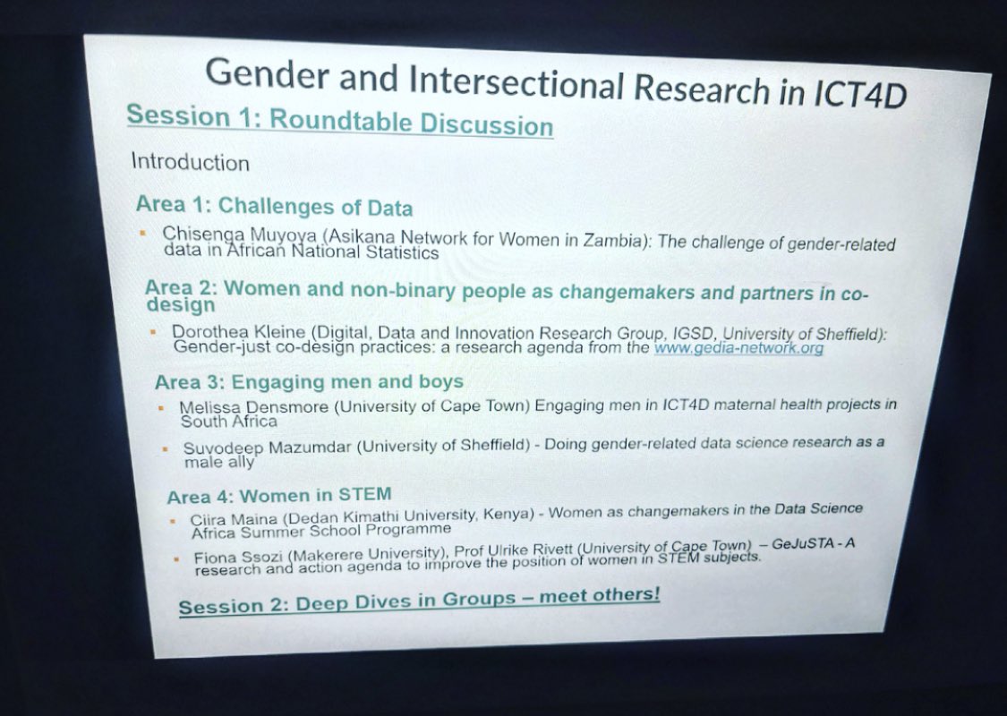 SilviaHedley's tweet photo. There starts the session on #gender and #intersectional research in #ICT4D. Look forward to great presentations by @dorotheakleine, @AfroChissy, @Fssozi, @ovus00, @CwaMaina &amp; @RivettUlrike! #ICTD2022 https://t.co/hxSI9jrFMO