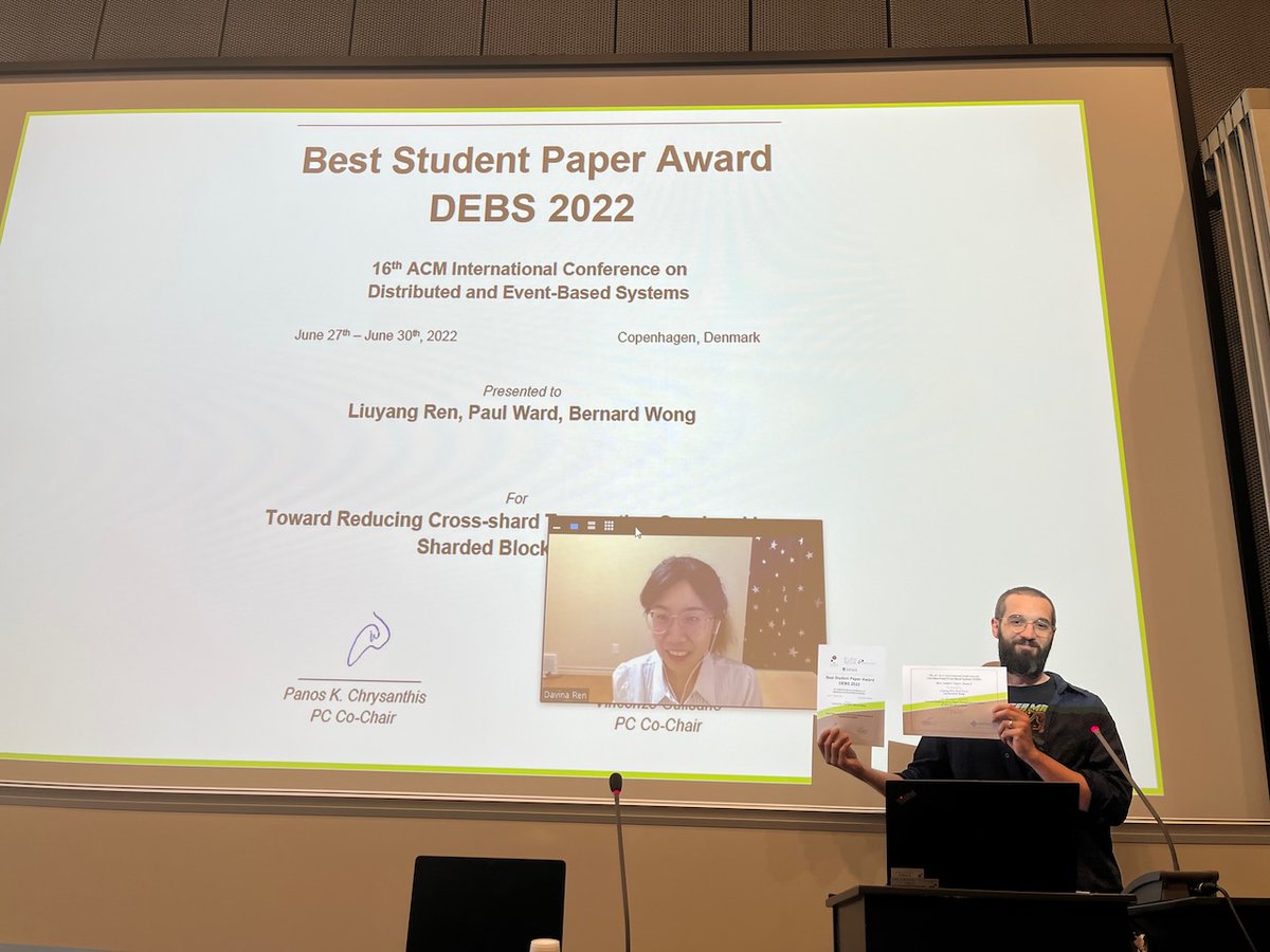 ylzhou's tweet photo. The DEBS 2022 Best Paper Award, Best Student Paper Award, and Best First-Time Author Award were already announced today. All of them will be presented in the research sessions tomorrow morning. Join us at the South Campus of UCPH or online via VGATE. @ACM_DEBS @DIKU_Institut https://t.co/RjlaZ0yv52