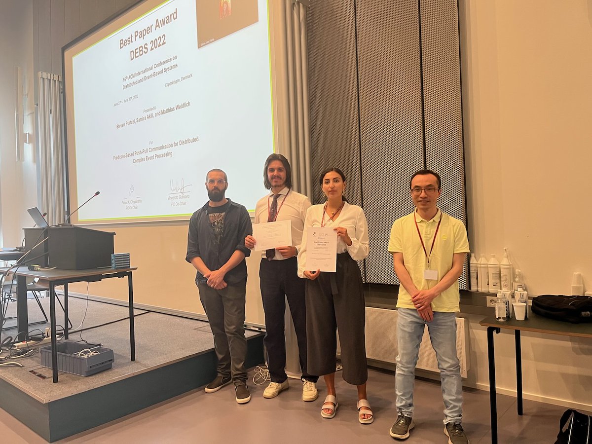 ylzhou's tweet photo. The DEBS 2022 Best Paper Award, Best Student Paper Award, and Best First-Time Author Award were already announced today. All of them will be presented in the research sessions tomorrow morning. Join us at the South Campus of UCPH or online via VGATE. @ACM_DEBS @DIKU_Institut https://t.co/RjlaZ0yv52