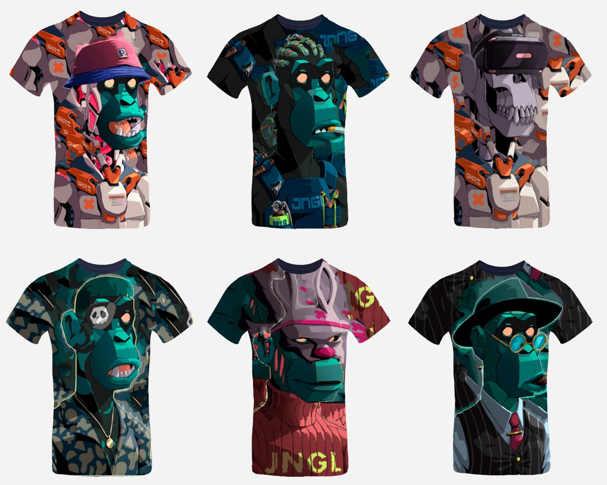 VecarsNFTs's tweet photo. GN @Primatesnft 
Being a t-shirt maker and a primates fan, can't resist to show you my second collection 👕😍

What's the best t-shirt? 

#PrimatesNFT #nftart #NFTCommmunity #SolanaNFTs #JNGL https://t.co/LZpsjEf67G