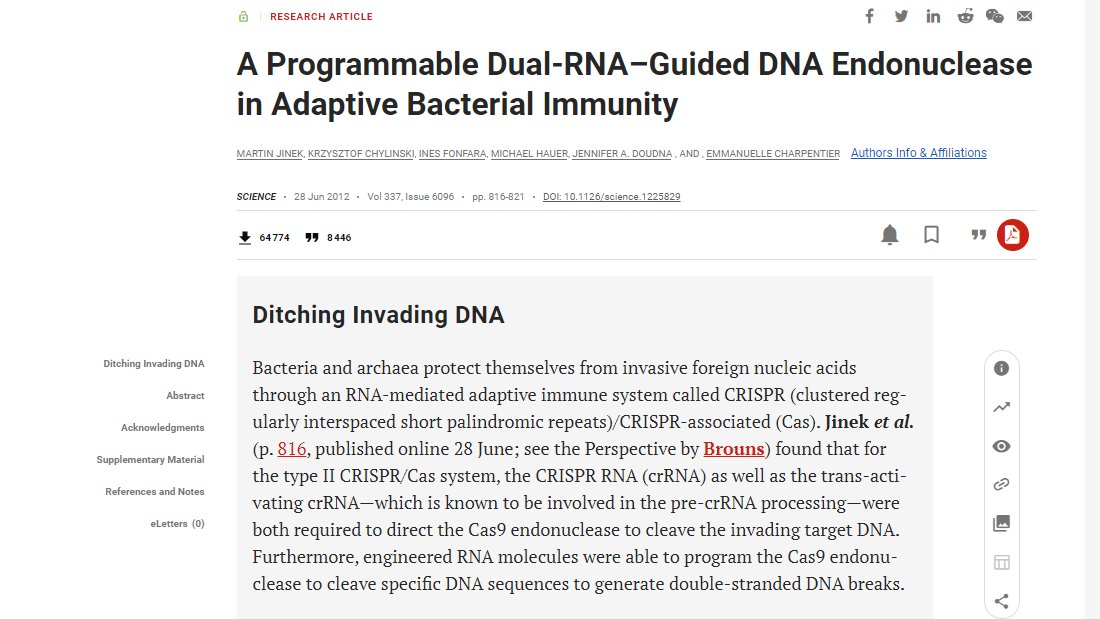 Demain 28 Juin 2022, ça fera exactement 10ans que Emmanuelle Charpentier et Jennifer Doudna, prix Nobel de Chimie 2020 ont publié leur découverte de #CRISPR

Pour retrouver ce que ça apportera à l'Agriculture
👇
⚡️ "#ThreadAgri sur le génie génétique"  x.com/i/events/12904…