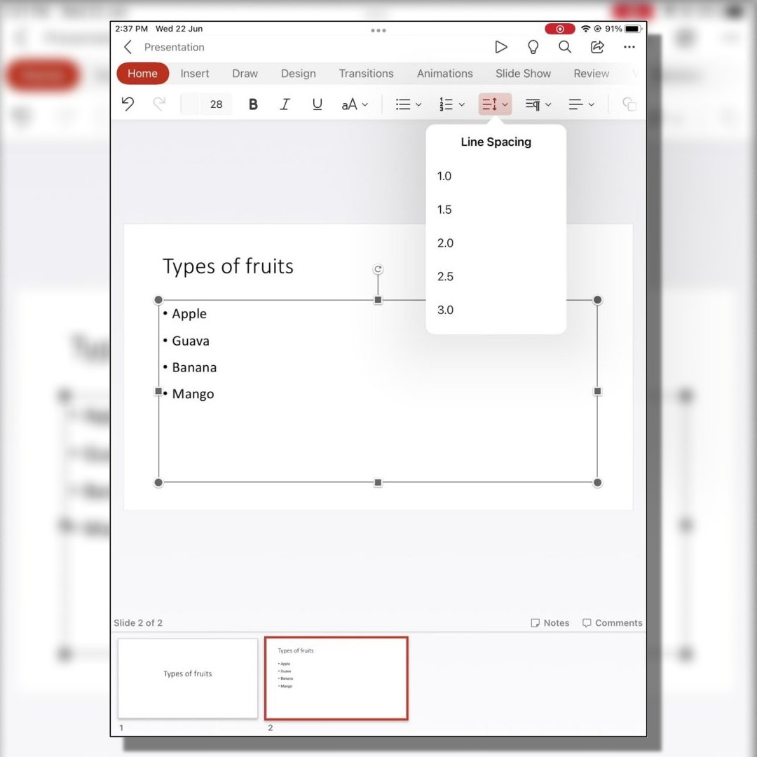 Msft365Insider's tweet photo. To organize your text accurately we know you need to be able to set line spacing. 📄 

Now this feature is available to #PowerPoint for iPad. 

🌟 Learn how it works in this article by Ekta Dwivedy, PM on the PowerPoint mobile team. #OfficeInsider https://t.co/XaQ6187GIR
