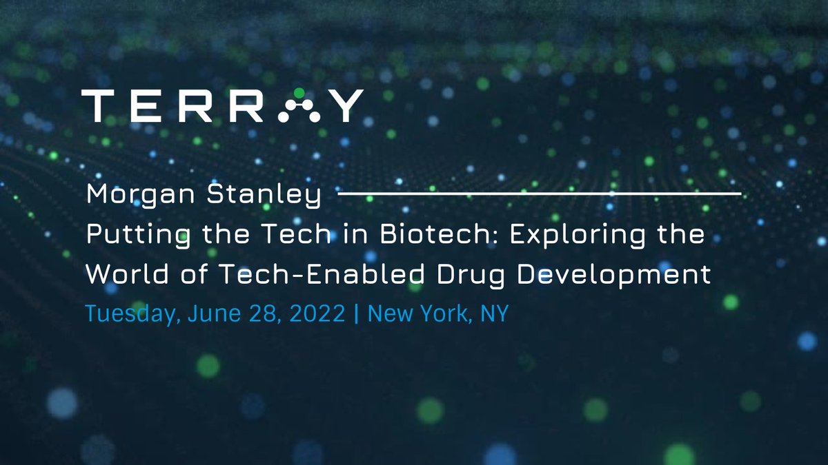 Terray Therapeutics (@terray_tx) on Twitter photo Our CEO @JacobBerlinPhD will be presenting at <a href="/MorganStanley/">Morgan Stanley</a>'s Putting the Tech in Biotech conference tomorrow to discuss how Terray is meeting the challenge of #DrugDevelopment with the chemistry engine and #AI to propel drug discovery into the information age.
#biotech Our CEO @JacobBerlinPhD will be presenting at <a href="/MorganStanley/">Morgan Stanley</a>'s Putting the Tech in Biotech conference tomorrow to discuss how Terray is meeting the challenge of #DrugDevelopment with the chemistry engine and #AI to propel drug discovery into the information age.
#biotech