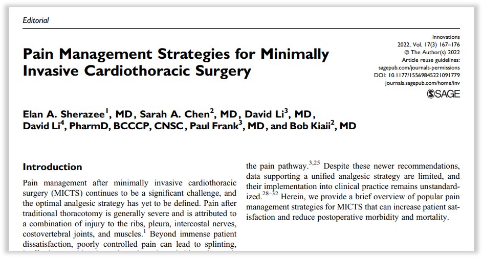 Drs Elan Sherazee, Bob Kiaii, and colleagues from <a href="/UCDavisMedCntr/">UC Davis Med Center</a> provide a review of popular pain management strategies for minimally invasive cardiothoracic surgery

Read free: doi.org/10.1177/155698…

<a href="/HirooTakayamaMD/">Hiroo Takayama</a> <a href="/mlanefall/">Meghan Lane-Fall, MD, MSHP, FCCM</a> <a href="/KyleEudaileyMD/">Kyle W Eudailey, MD</a> <a href="/MeryMeryRo/">María Rodríguez</a> #MICTS #CTsurgery