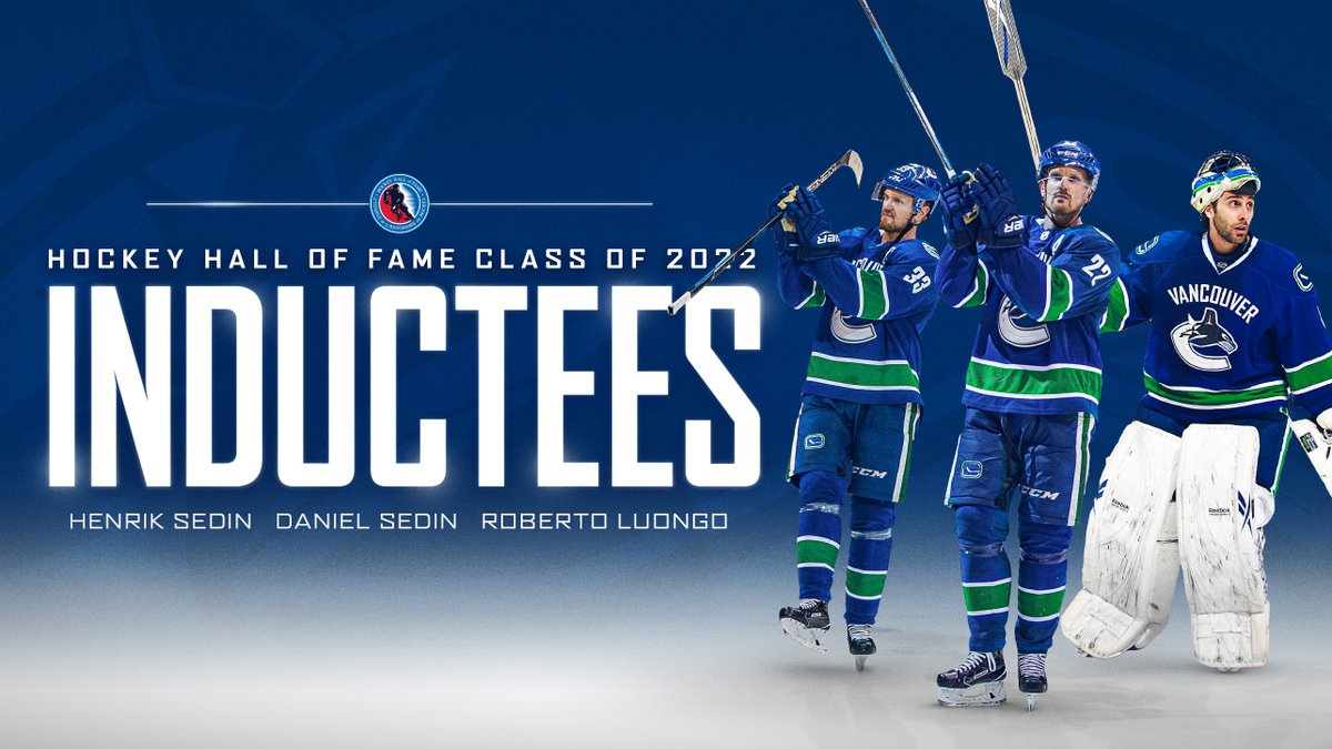 Canucks's tweet photo. The Vancouver Canucks are pleased to announce that alumni Daniel Sedin, Henrik Sedin and Roberto Luongo were selected to join the the Hockey Hall of Fame today. 

DETAILS | https://t.co/ymIkqjbKpL https://t.co/2dZFgbZpc6
