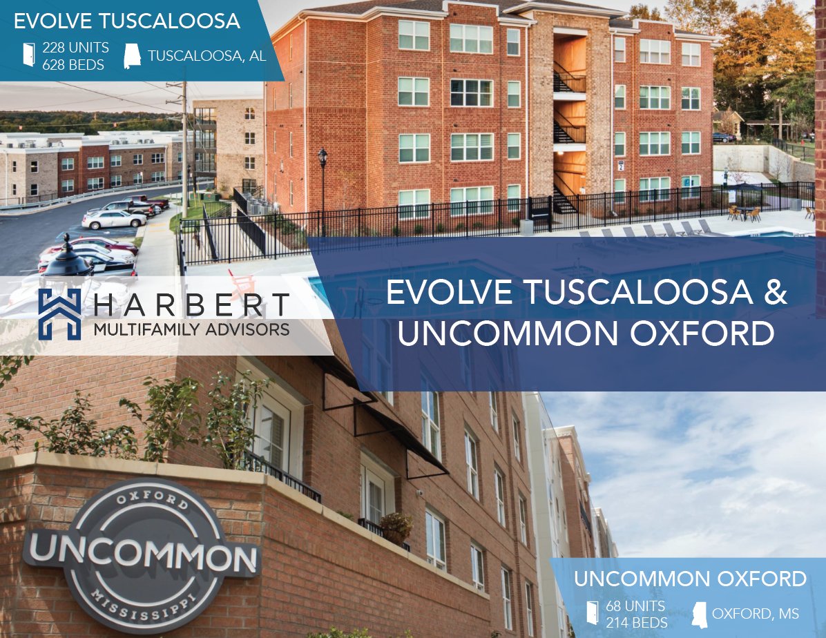HMABham's tweet photo. Call for Offers 7/12 | Evolve Tuscaloosa &amp; Uncommon Oxford | 296 units | 2017 Construction | Major Repositioning Opportunity - https://t.co/QM3EH0uLoS https://t.co/imDkTTYJlh