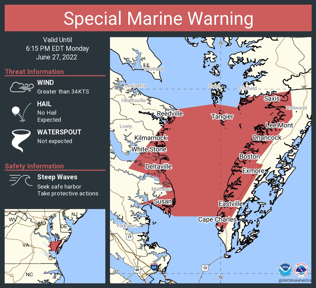 NWSWakefieldVA's tweet photo. Special Marine Warning including the Chesapeake Bay from Smith Point to Windmill Point VA, Chesapeake Bay from Windmill Point to New Point Comfort VA and Rappahannock River from Urbanna to Windmill Point until 6:15 PM EDT https://t.co/6J2Iv5CA81