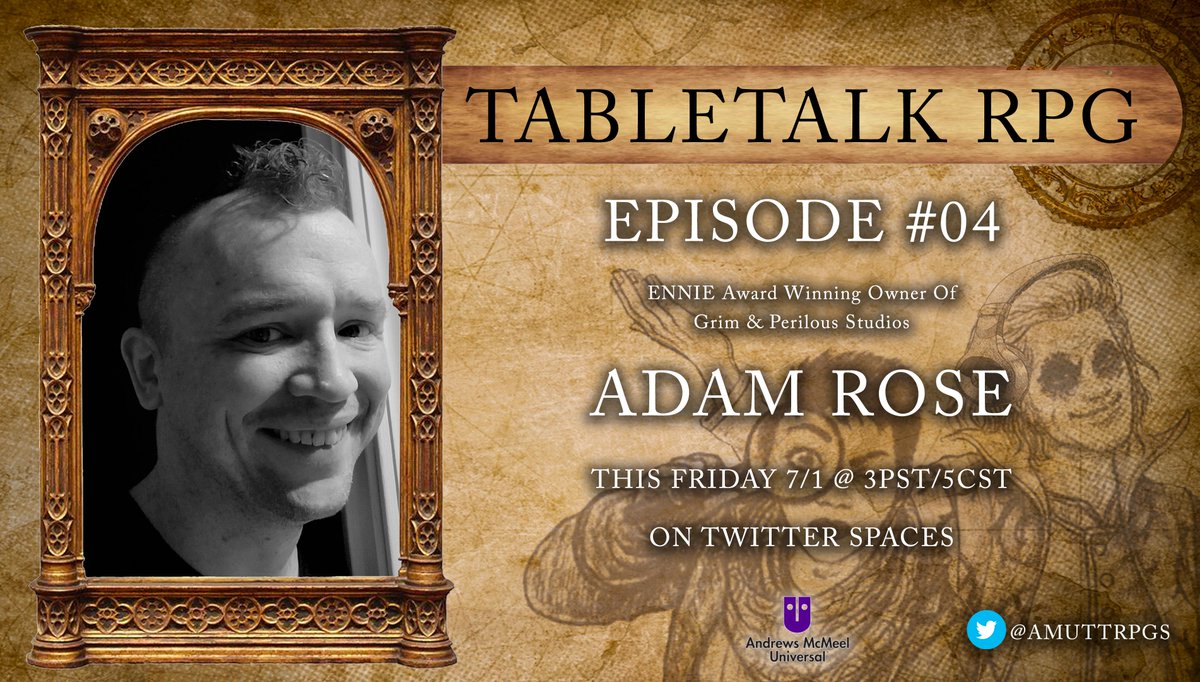 AMUTTRPGS's tweet photo. THIS FRIDAY! 

Join us as we sit down with ENNIE award winning owner of Grim &amp; Perilous studios, @RadiatorRPG! 

#TTRPG https://t.co/S9PzyPEaE1