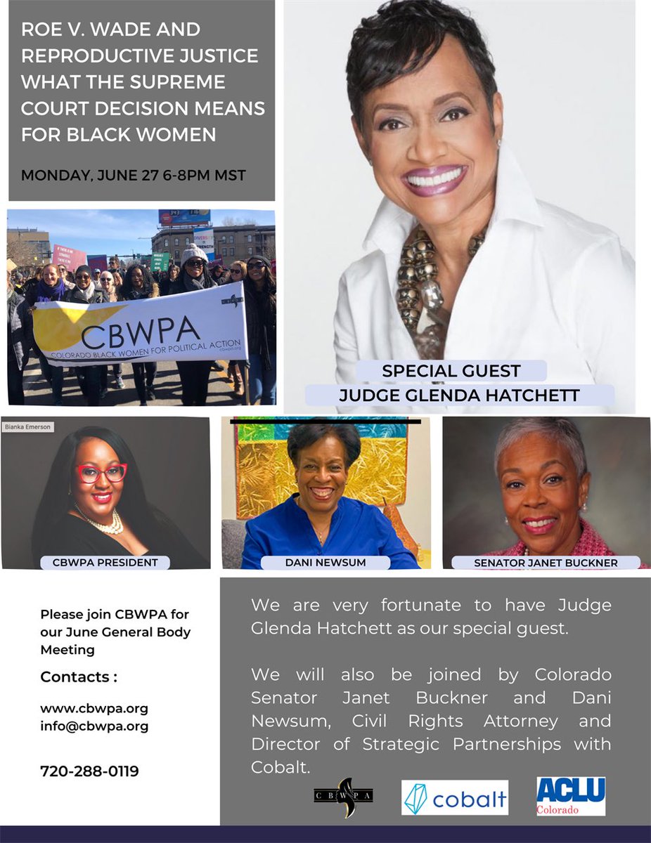 PortiaColorado's tweet photo. Join the conversation at the @CBWPA June General Body meeting on June 27, 2022 with @SenJanetBuckner, Dani Newsum & Special Guest Judge Glenda Hatchett! Register to join this critical conversation at https://t.co/20bmUSvOL5! Join this conversation tonight. #cbwpa #WomensRights https://t.co/uUY5PYQJZn